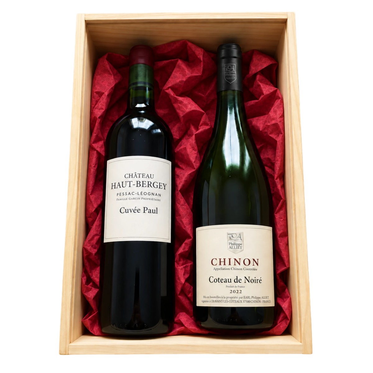 Coffret Le Grand Millésime : deux bouteilles de vin dans un coffret en bois
