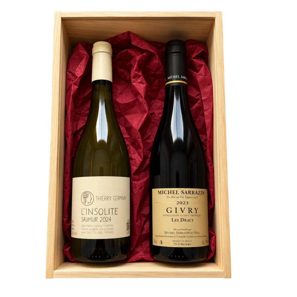 Coffret Le Rendez-vous : deux bouteilles de vin dans un coffret en bois